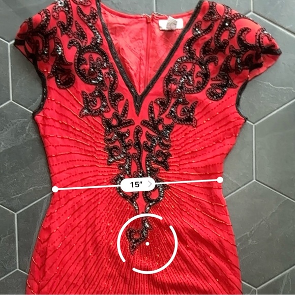 VTG 80s 90s Red & Black Beaded Silk Asymmetrical V-neck Formal Party Dress - Picture 9 of 13